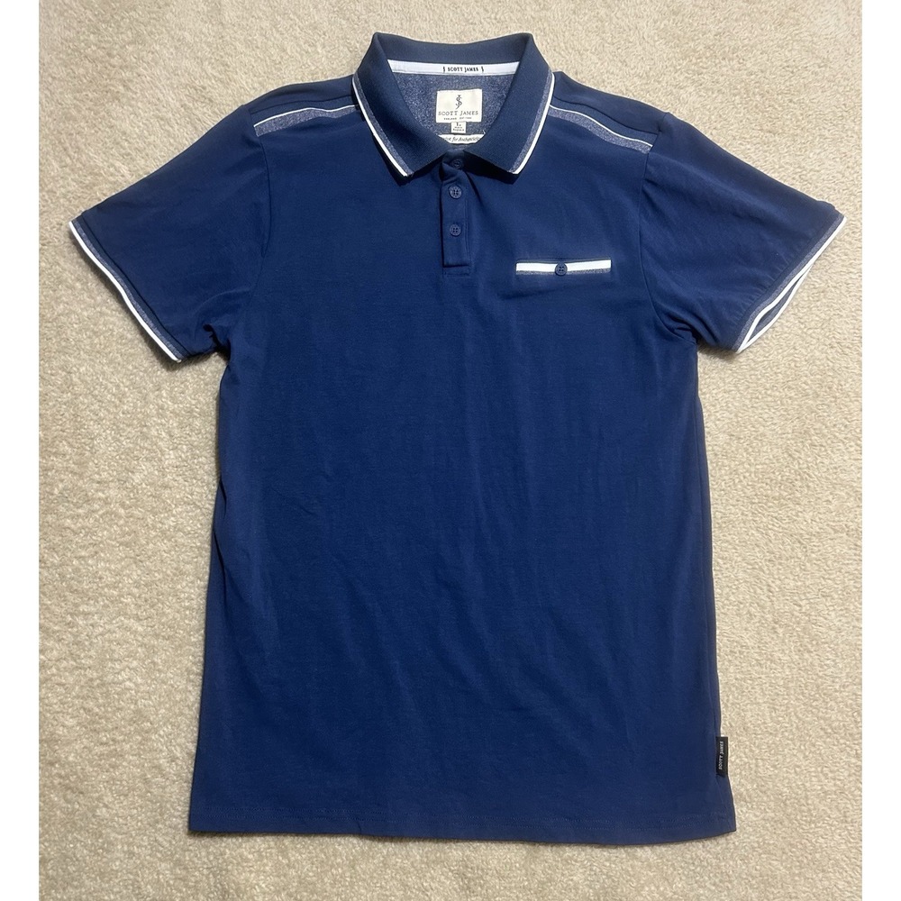 Scott James Polo Shirt Mens Large Navy Short‎ Sleeves Collared Preppy Stretch